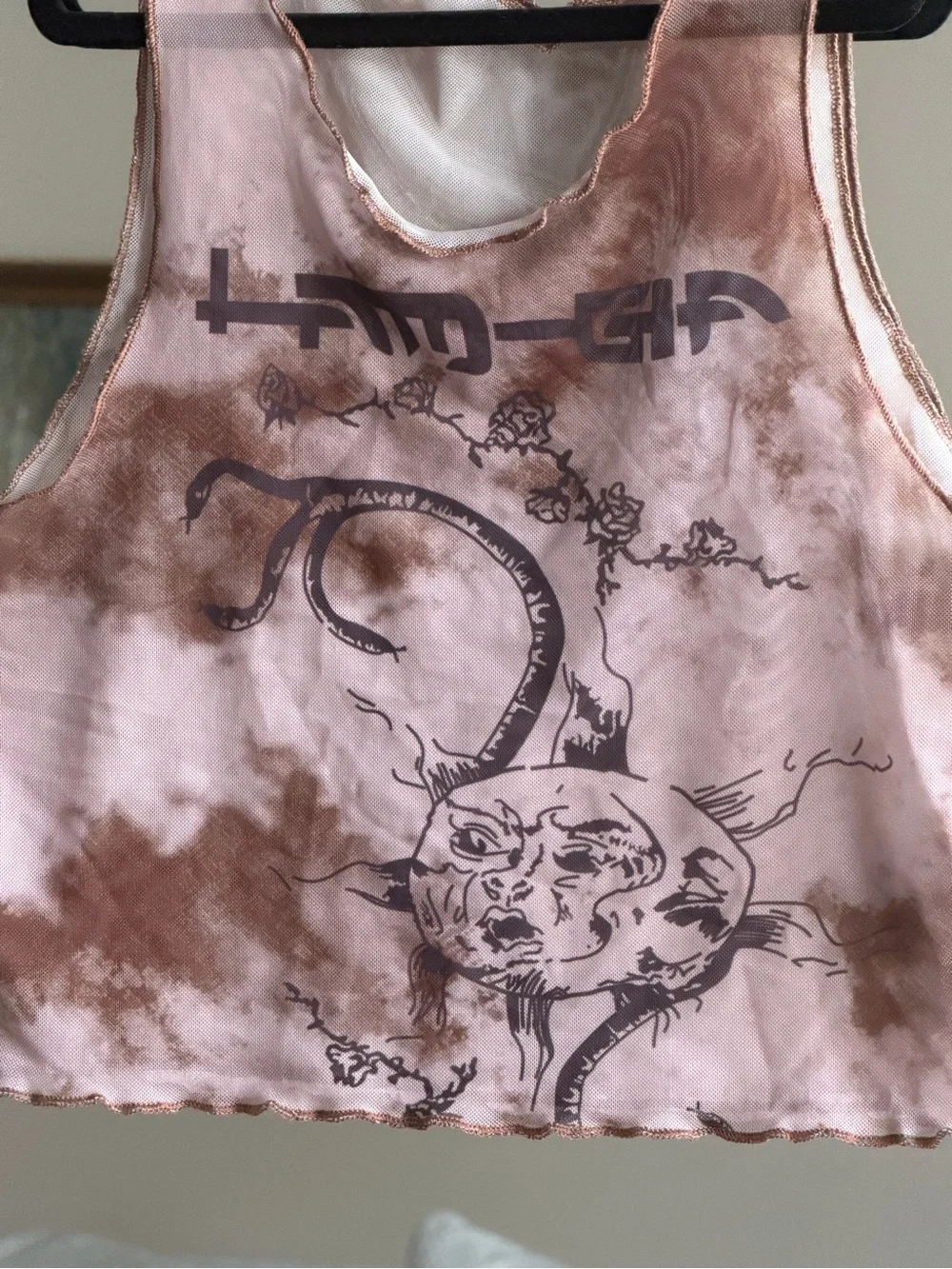 Brown Tie Dye Graphic Mesh Crop Tank